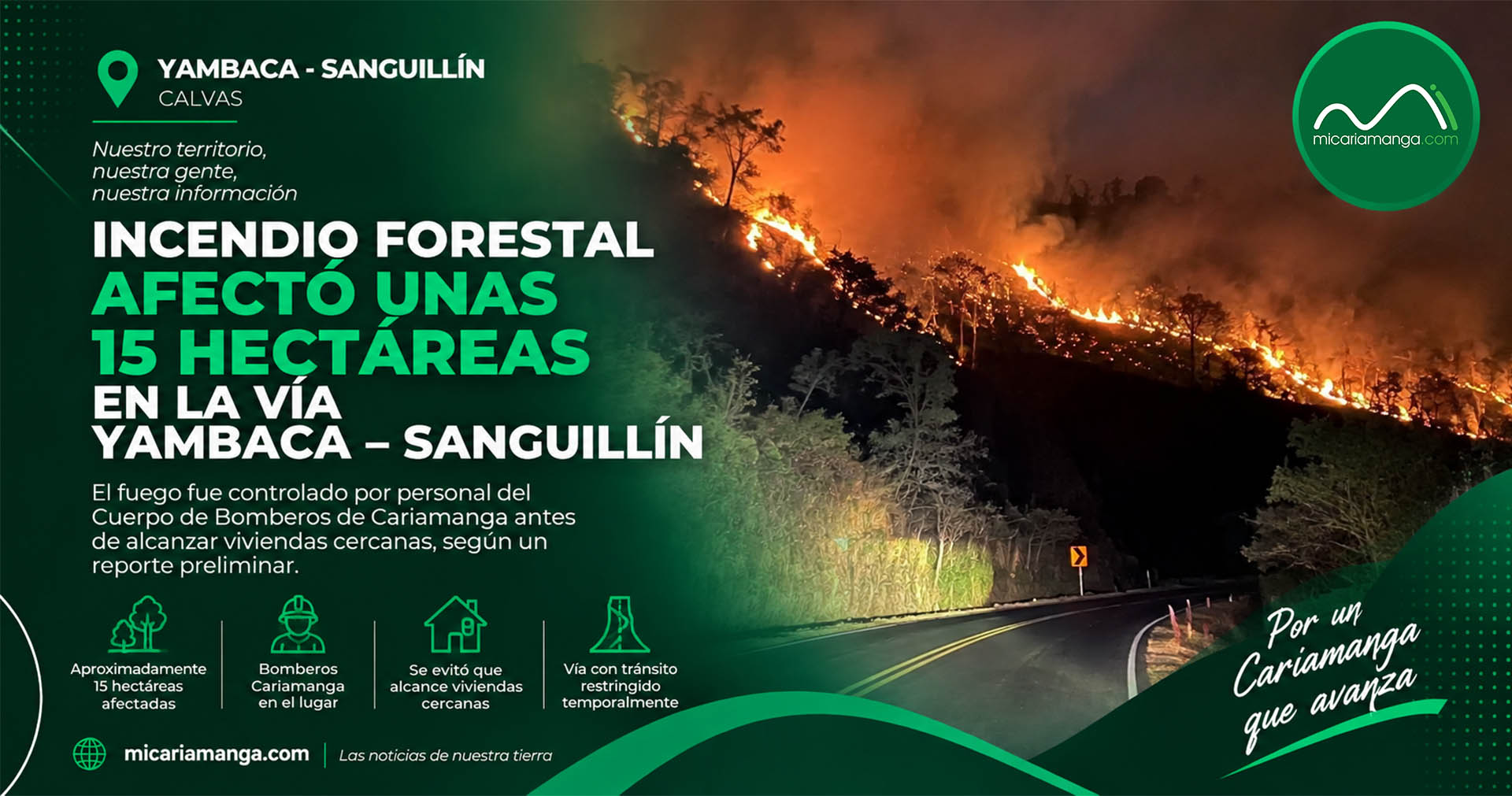 Incendio forestal registrado junto a la vía Yambaca Sanguillín durante la noche del 10 de septiembre